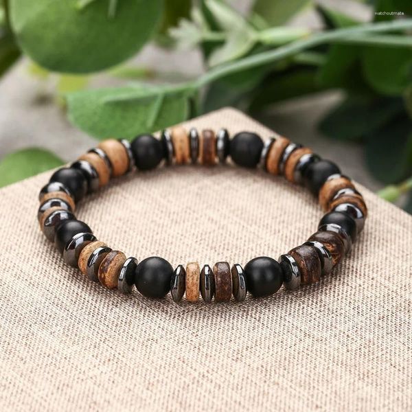 Braccialetti con ciondoli Bracciale in legno naturale Homme Pietra ematite nera Bracciale con perline Accessori uomo Gioielli casual Occhi di tigre Braslet vulcanico