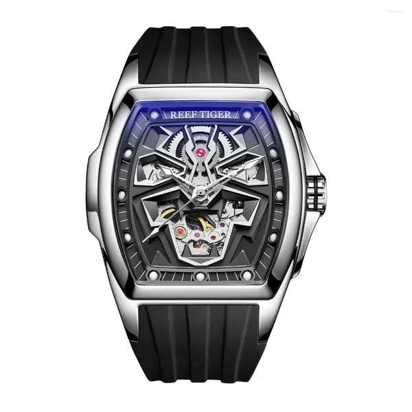 Orologi da polso Reef Tiger Orologio automatico da uomo 42,3 mm Cassa tonneau di lusso Orologio da polso meccanico Specchio zaffiro Quadrante scheletrato Luminoso