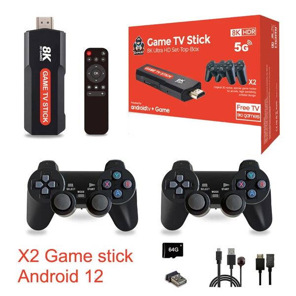 X2 Video Game Stick Android 12 8K TV BOX Doppio sistema 24G5G Doppio controller wireless Retro 10000 giochi per ragazzo Regalo di Natale 240123