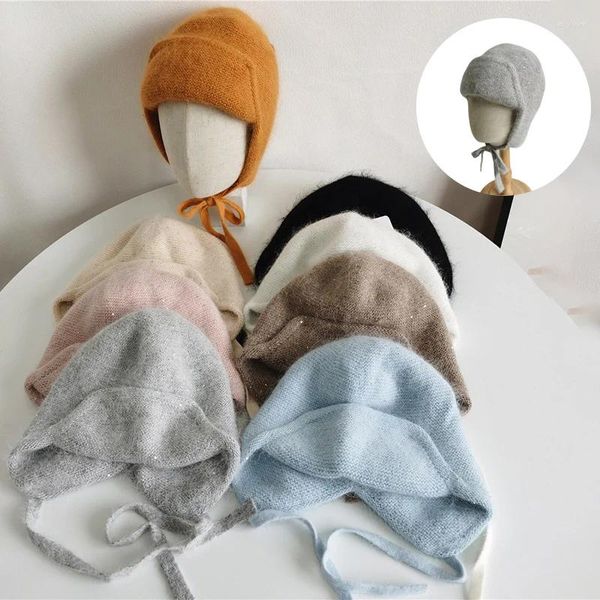 Berets inverno mulheres chapéu angora malha ao ar livre quente beanie boné com earflap bombardeiro russo à prova de vento esqui frio bonnet