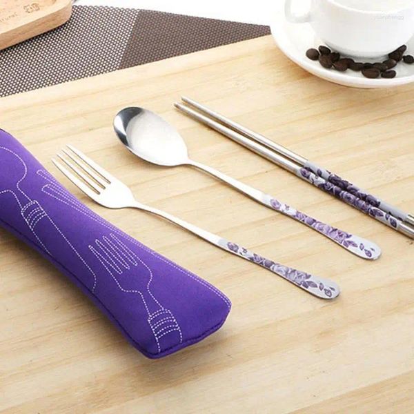 Garfos portáteis 3 peças de aço inoxidável conjunto de utensílios de mesa garfo colher pauzinhos jantar com saco de pano para casa ao ar livre viagem acampamento