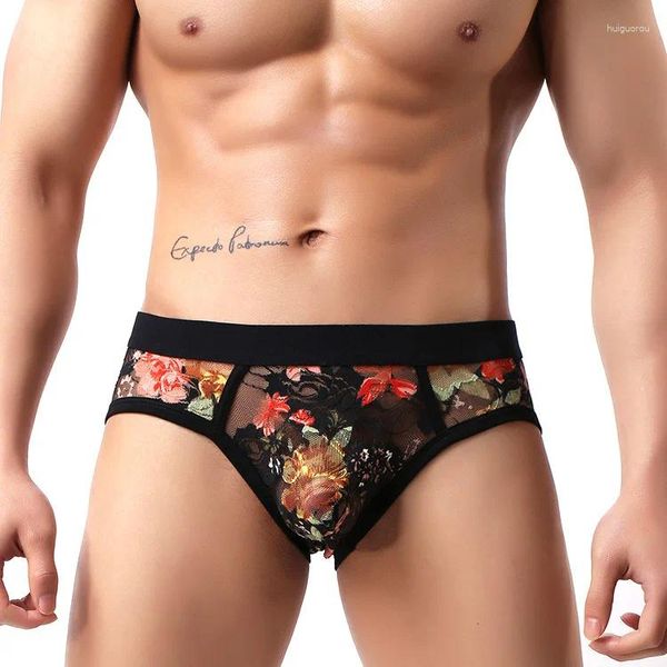 Cuecas moda masculina rendas briefs gays sexy cintura baixa calcinha transparente bolsa convexa juventude roupa interior grande shorts europa américa