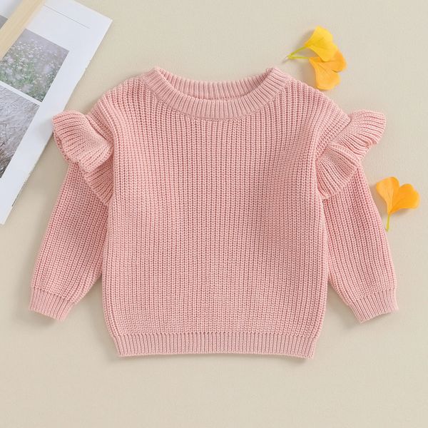 Nette Rüschen Langarm Baby Mädchen Pullover Winter Warme Kinder Kleinkind Gestrickte Kleidung Solide Häkeln Pullover Tops Lose Strickwaren 240124