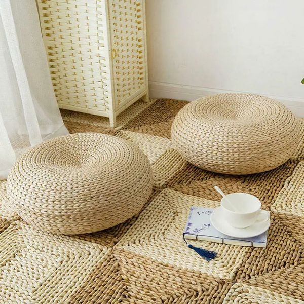 Подушка-татами в японском стиле, вязаная соломенная ручная работа, плоская подушка для сиденья, диванная подушка, напольная подушка для медитации, круглый коврик 240129