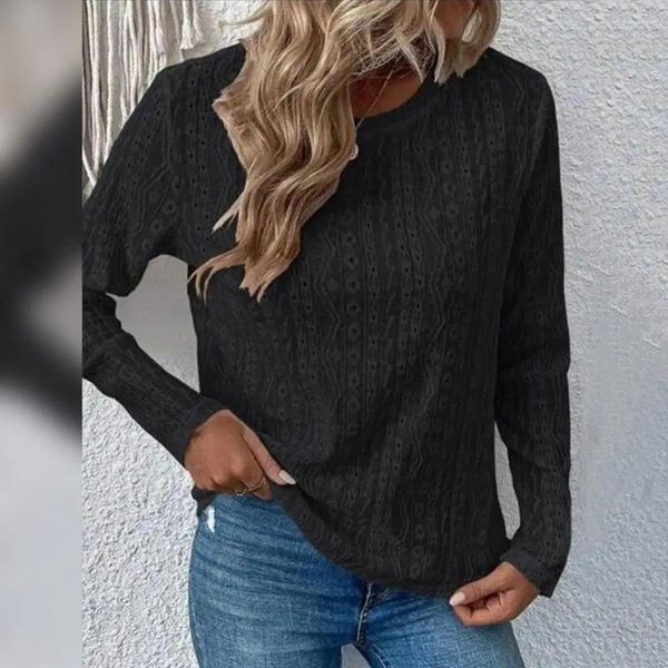 Frauen Blusen Frauen Oansatz Langarm Casual Tops Aushöhlen Jacquard Dekor Lose Fit T-shirt Streetwear Blusa Mujer Moda 2024