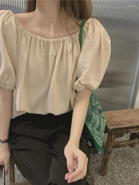 Kadın bluzları Koreli yaz siyah niş basit düz renk pamuk ve keten elastik bir omuz üstü kabarcık kollu kadınlar için