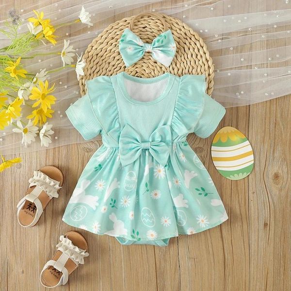 Mädchen Kleider Säuglingsbabyspielanzug Kleid Ostereier Blumendruck Ärmel Bowknot Bodys Sommerkleidung mit Stirnband