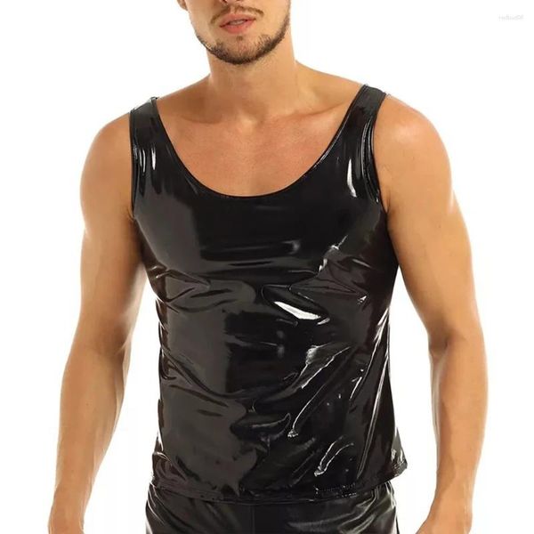 Regatas masculinas casual olhar molhado pvc couro undershirt colete sem mangas sólido preto o pescoço coletes t camisa homem roupas