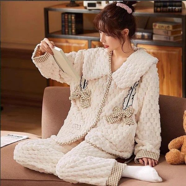 Indumenti da notte da donna Pile di corallo Donna Autunno e inverno Colletto per bambola in due pezzi Loungewear Intensificazione Principessa calda Può essere indossato all'esterno