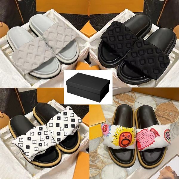 Mit Box Pool Pillow Pantoletten Designer-Sandalen Berühmte Damen Sunset Flache Pantoletten Gepolsterter Vorderriemen Weiße Hausschuhe Modische, einfach zu tragende schwarze Stil-Slides Herrenschuhe