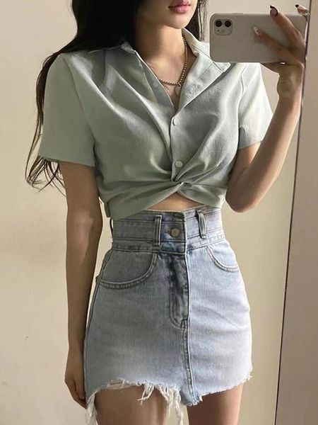 Kadın bluzları mahsul üstleri Kore şık çapraz mizaç bluzu kadınlar için 2024 Blusas Mujer de Moda Kısa Kollu Tunik Yaz Seksi Gömlekler