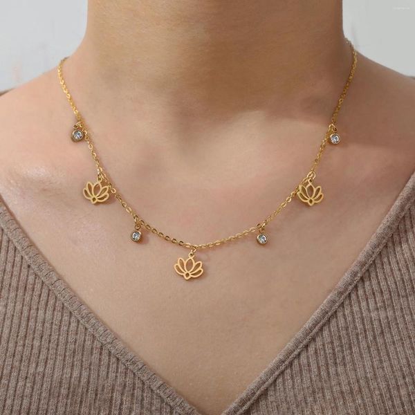 Anhänger Halsketten Lotus Blume Klar Zirkon Quaste Halskette Edelstahl Gold Farbe Frauen Choker Mode Schmuck Geburtstag Geschenk In