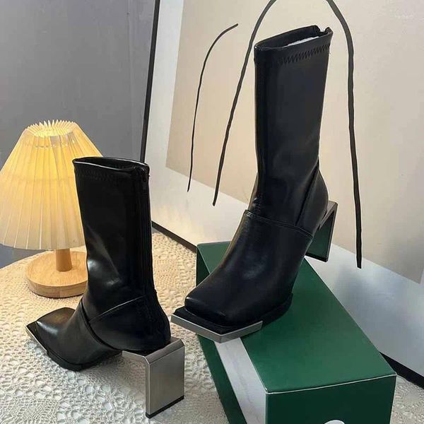 Stivali Punta quadrata in metallo Tacco abbellimento Piattaforma Cerniera alla caviglia Marchio di moda Design Punk Cool Scarpe da ragazza invernali