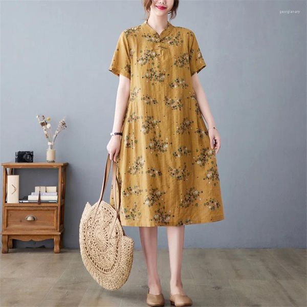 Partykleider Sommer Lässiges Baumwollhemdkleid Chinesischer Stil Vintage Cheongsam Kurzarm Blumendruck Midi-Kalb Robe Femme