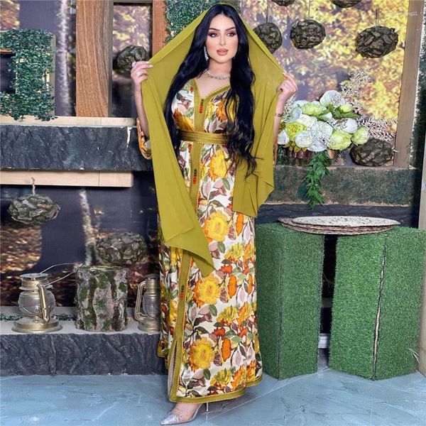 Roupas étnicas Cetim Abaya Dubai Muçulmano Impressão Hijab Vestido Kaftan Mulheres Robe Vestido Jalabiya Femme Islâmico Turquia Musulmane Caftan Eid Ramadan