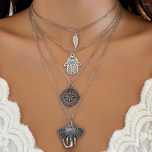 Anhänger Halsketten 4 teil/satz Boho Ethnische Mehrschichtige Elefanten Palmen Feder Halskette Frauen Silber Farbe Geometrische Schlüsselbein Choker Retro Party