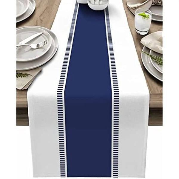 Runner da tavola in lino a righe blu navy, sciarpe da comò, decorazione per la fattoria, lavabile per la sala da pranzo, decorazione di nozze 240127