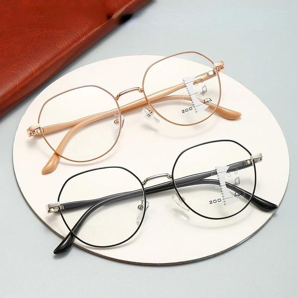 Солнцезащитные очки, винтажные прогрессивные мультифокальные очки для чтения для женщин и мужчин, высококачественные бифокальные очки для пресбиопии, круглые металлические очки для ближнего и дальнего света