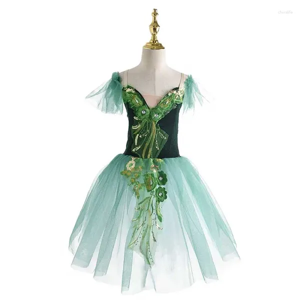 Bühnenkleidung 2024 Grünes romantisches Ballett-Tutu-Kleid für Erwachsene Professioneller Wettbewerb Giselle Ballerina Frauen Kostüm Langer Rock