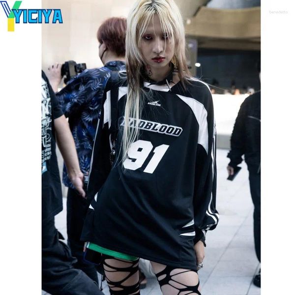 Magliette da donna Magliette YICIYA Y2k Nero Kpop Abbigliamento moda coreana Donna Camicette con scollo a V Top corto hip-hop T-shirt americana a maniche lunghe