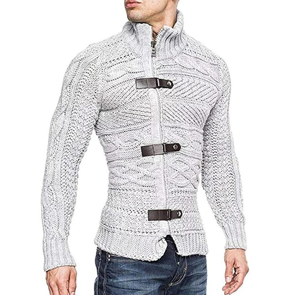 Moda masculina inverno gola alta camisola cardigans botão design zip up cabo de malha cardigan gola alta casaco malhas jaquetas 240130