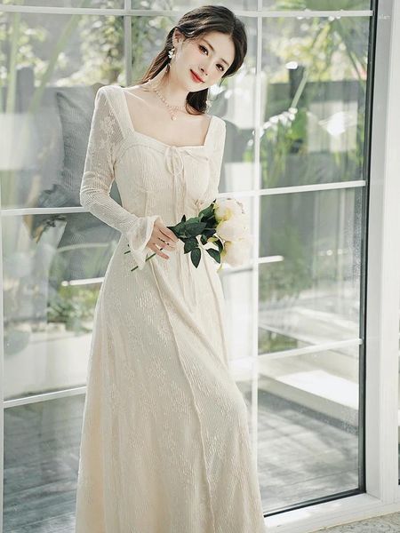 Vestidos casuais estilo francês elegante vestidos ser mujer arco quadrado pescoço chique manga flare para mulheres primavera moda robe vestido