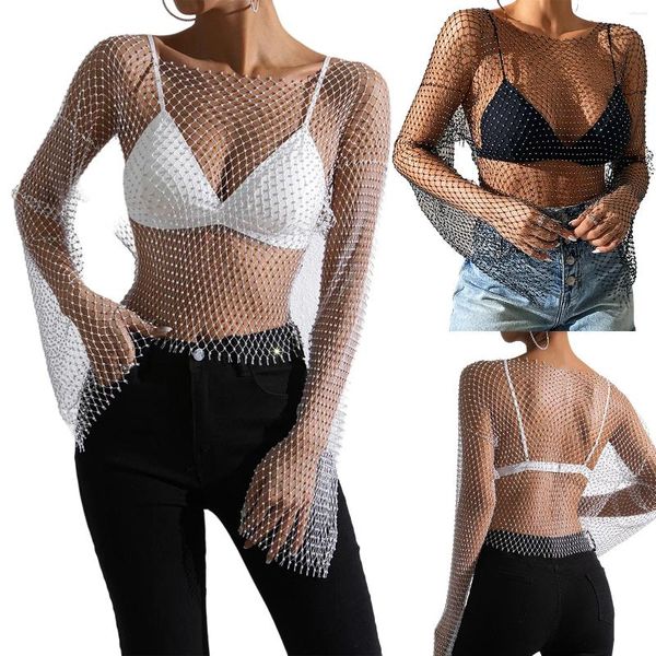 Camisetas femininas sexy verão strass cobrir transparente glitter fishnet malha superior estilo y2k manga longa em torno do pescoço para beira-mar