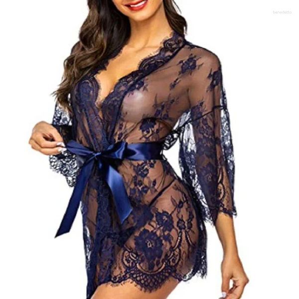 Conjuntos de sutiãs plus size mulheres sexy lingerie robe porno sleepwear camisola renda ver através do vestido transparente babydoll erótico nightwear conjunto