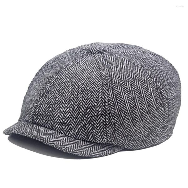 Berets moda masculina chapéu liso clássico tweed listra espinha de peixe sboy pintor chapéus inverno engrossar casual para a frente