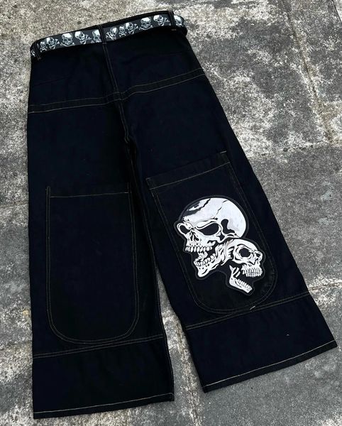 Джинсы мужские хип-хоп панк с принтом черепа мешковатые Y2k с низкой посадкой и широкими штанинами джинсовые брюки Harajuku черные повседневные брюки свободная готская уличная одежда 240122