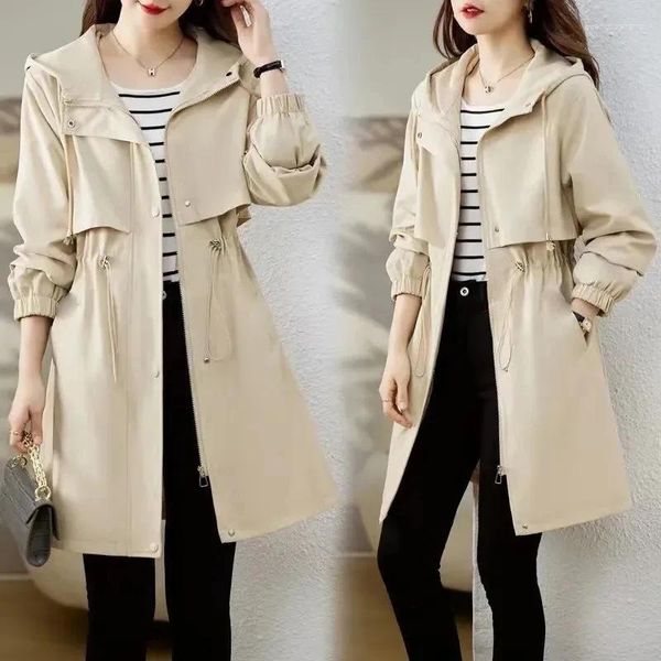 Trench da donna 2024 Primavera Autunno Cappotto da donna Coreano Mid lungo con cappuccio Cerniera Giacche Giacca a vento femminile Abbigliamento Khaki Nero Capispalla