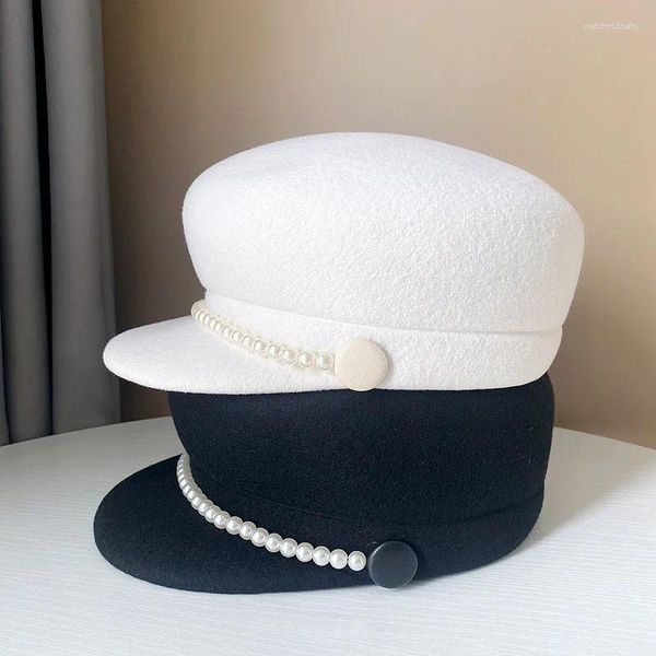 Береты 202411-YY Ins Chic Drop, зимняя шерстяная фетровая женская восьмиугольная шляпа с жемчугом и пуговицами, оптовая продажа