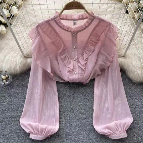 Blusas femininas coreano doce elegante plissado rosa branco chiffon camisa mulher outono manga longa ol blusa topo 2024