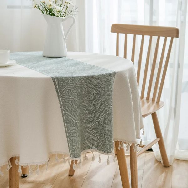 Toalha de mesa geométrica jacquard verde com borla, mesa redonda de chá, decoração de mesa de jantar, festa de casamento, capa de mesa 240131