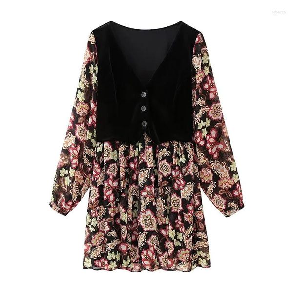 Casual Kleider YENKYE Frühling Frauen Samt Weste Patchwork Gedruckt Kleid Langarm V-ausschnitt Weibliche Vintage Kurze Vestidos