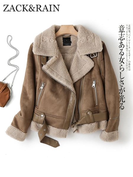 Zack Rain Brown Jacket for Women 2023 Winter Vintage Fur Integrated Lapeel Mangas compridas Jaquetas femininas