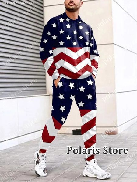 Bandeira americana agasalho masculino eua calças 2 peça roupa manga longa t camisa conjunto calças moletom jogging ternos roupas de grandes dimensões 240130