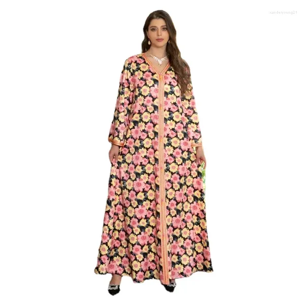 Etnik Giyim Ramazan Partisi Elbise Müslüman Kaftan Kadın Çiçek Baskı Abaya Kaftan Vestidos Largo 2024 Dubai Arap Türkiye