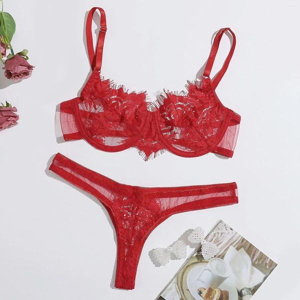 BHs Sets Weibliche Unterwäsche Sexy Dessous Set Für Frauen Spitze Versuchung Drei Punkt Mit Stahl Ring Ropa Mujer