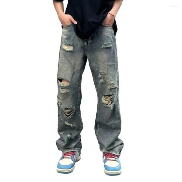 Jeans masculinos desgastados lavados perna larga com buracos rasgados multi bolsos streetwear estilo hip hop para casual