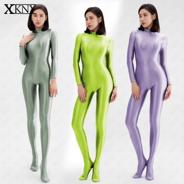 Roupa de banho feminina xckny óleo brilhante um pedaço terno sexy brilhante manga longa meia-calça de corpo inteiro liso correndo macacão yoga casual meia-calça