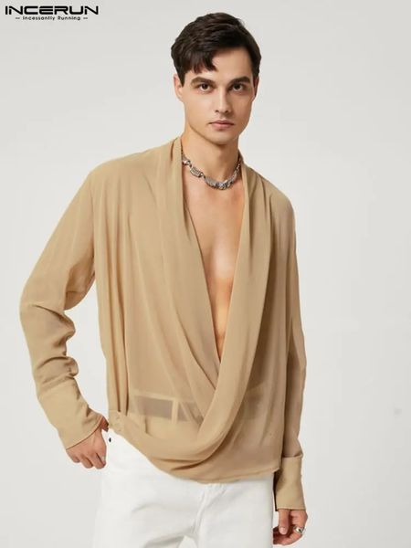 INCERUN Top stile americano moda uomo strisce luminose camicetta in pile tinta unita casual camicie a maniche lunghe incrociate S-5XL 240125