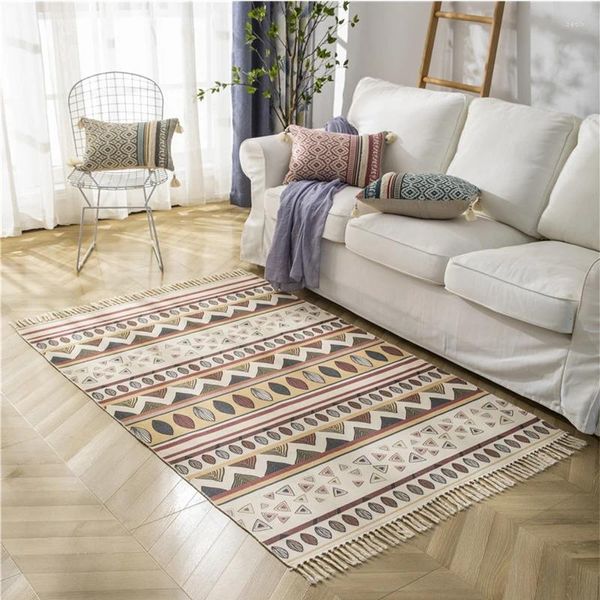 Tappeti Retro Boho Marocco Tappeto in cotone tessuto a mano Lino Casa Soggiorno Tappeto con motivi geometrici con comodino in nappa