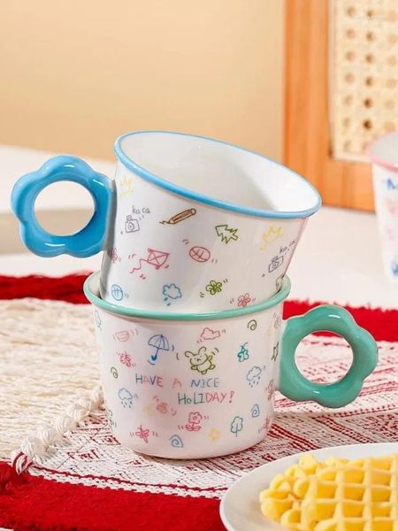 Tazze Tazza in ceramica portatile con fiori freschi estivi Tazza creativa con graffiti simpatico cartone animato Laureata per la casa