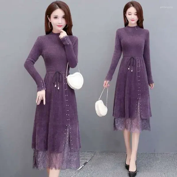 Casual Kleider Elegante Spitze Nachahmung Nerz Kaschmir Gestrickte Kleid Frauen Herbst Winter Warme Weiche Koreanische Pullover Vintage Vestidos T110