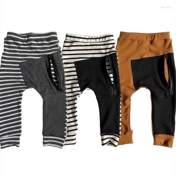 Calças 2024-06-23 Lioraitiin 0-5years Criança Bebê Menino Calça Casual Listrada Patchwork Zip-Embelezada Cintura Elástica