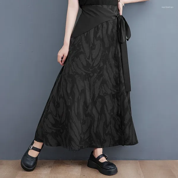 Röcke Japan Stil Tie Dye Print Bandage Hohe Taille Dunkelschwarz Sumemr Büro Dame Arbeit Mode Frauen Casual Midi