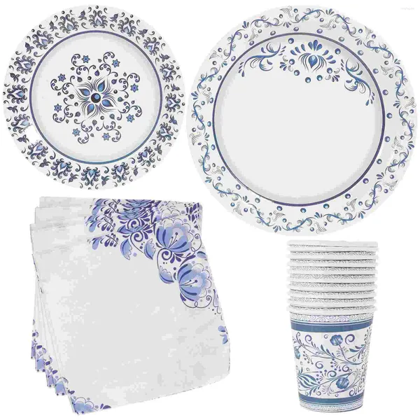 Akşam yemeği setleri mavi ve beyaz porselen tema parti kağıt tabakları doku doğum günü sofra takımı tek kullanımlık akşam yemeği sofra takımı toplu süit