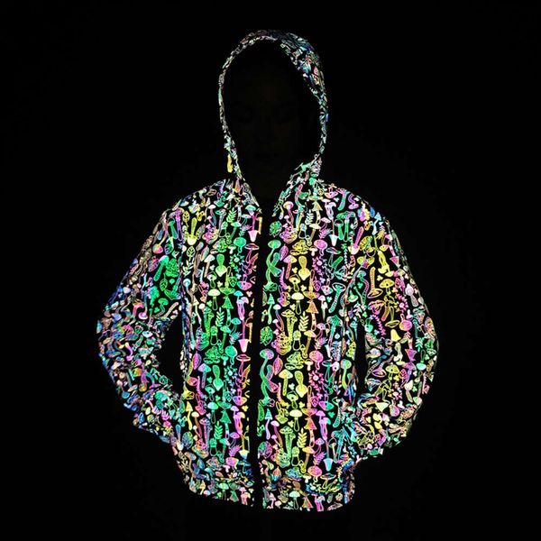 Autunno e inverno 2024 Nuova giacca riflettente a fungo Cappotti sportivi all'aperto Softshell con cappuccio laser colorato