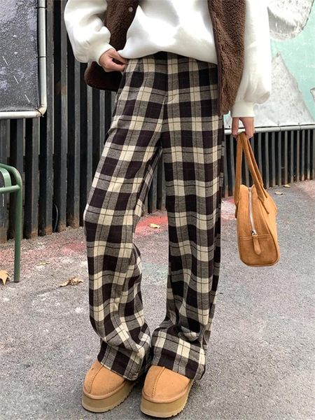 Pantaloni da donna Alien Kitty All Match Pantaloni addensati Chic Plaid Donna Inverno Peluche allentato Gamba larga dritta Vita alta quotidiana Streetwear